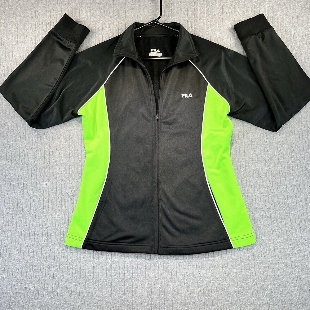 FILA Track Jacket Womens Medium Black Green Full Zip Colorblock Athletic Sporty